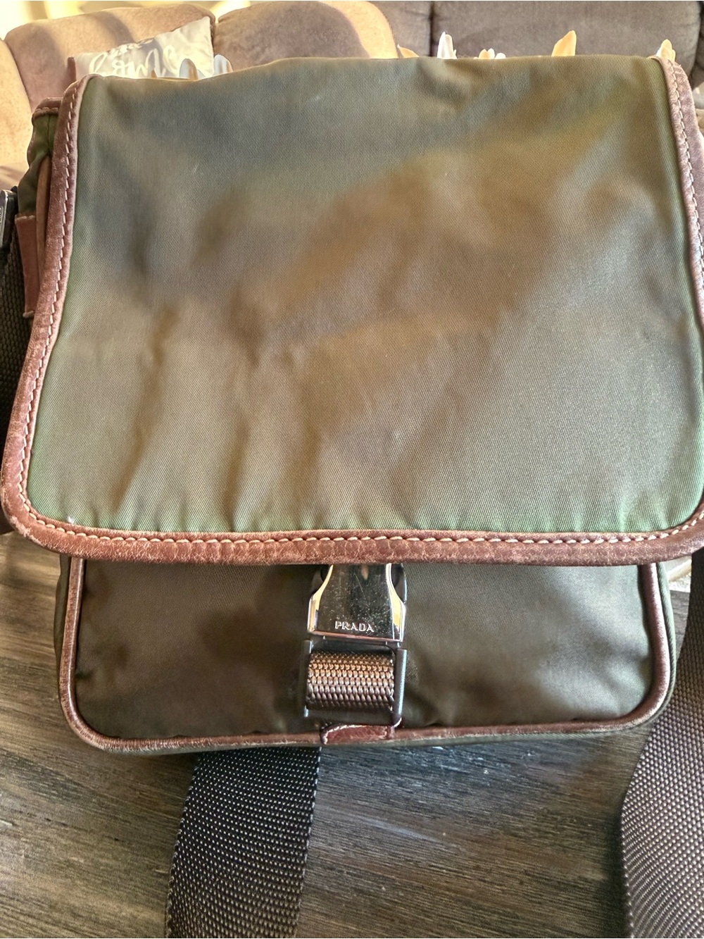 Prada Olive Green Nylon Messenger Bag with Brown Trim